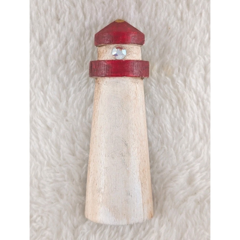 Handmade Wooden Lighthouse Brooch Red White AB‎ Rhinestone Matthew 5:16 Pin